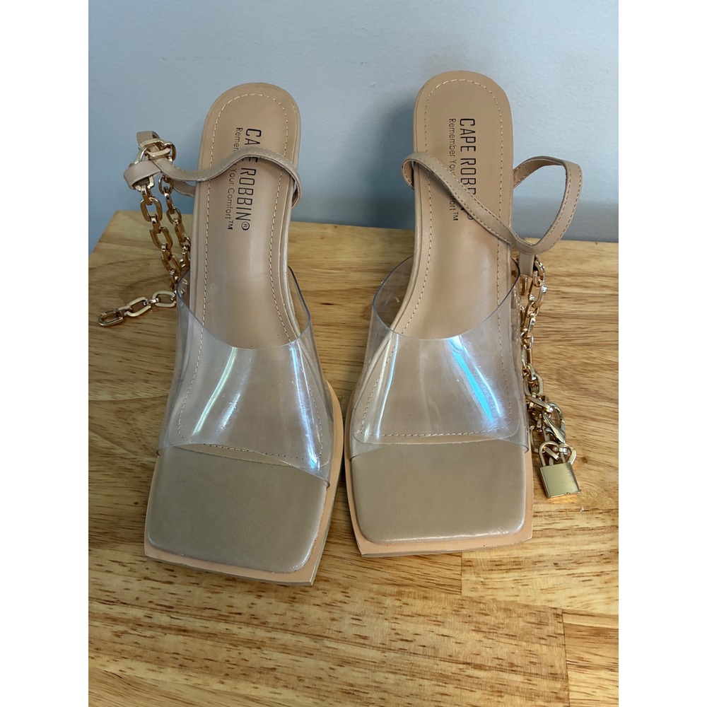 Cape Robbin Laszlo Tan Clear PVC Chain Padlock Square Toe Stiletto Heels 8.5